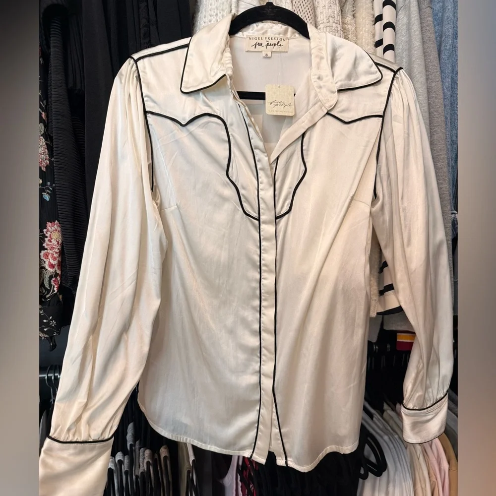 NWT Free People x Nigel Preston Silk Western Blouse Ivory Black Piping Size S - Picture 1 of 8